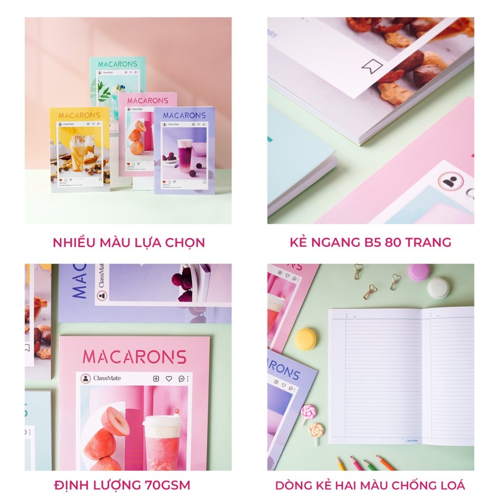 Vở ClassMate Vở Viết 80/120/200 Trang B5, Bìa Thiết Kế Macarons Cán Mờ Chống Nước, Dòng Kẻ 2 Màu Chống Lóa, Tập Ghi Bài