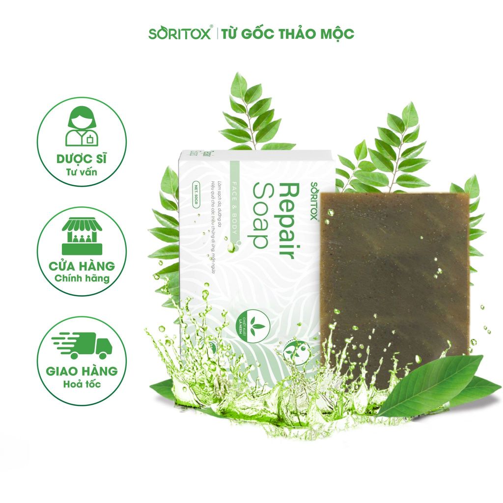 Xà bông lá Neem cho da Mụn lưng, Mụn viêm, Viêm lỗ chân lông, Sáng da, Mờ thâm từ thảo mộc - SORITOX SOAP 130GR
