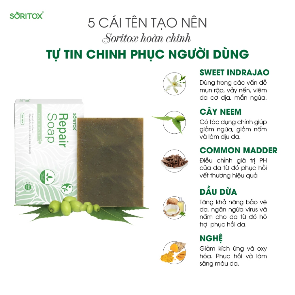 Xà bông lá Neem cho da Mụn lưng, Mụn viêm, Viêm lỗ chân lông, Sáng da, Mờ thâm từ thảo mộc - SORITOX SOAP 130GR