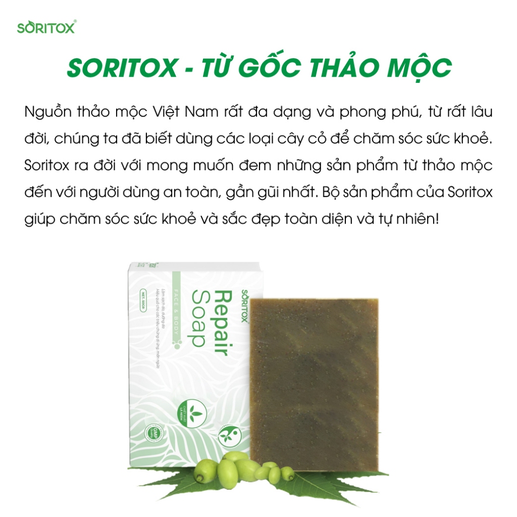 Xà bông thảo mộc sạch Mụn, Sáng da, Mờ thâm, Mụn lưng, Viêm nang lông từ tinh chất lá Neem - SORITOX SOAP 130GR