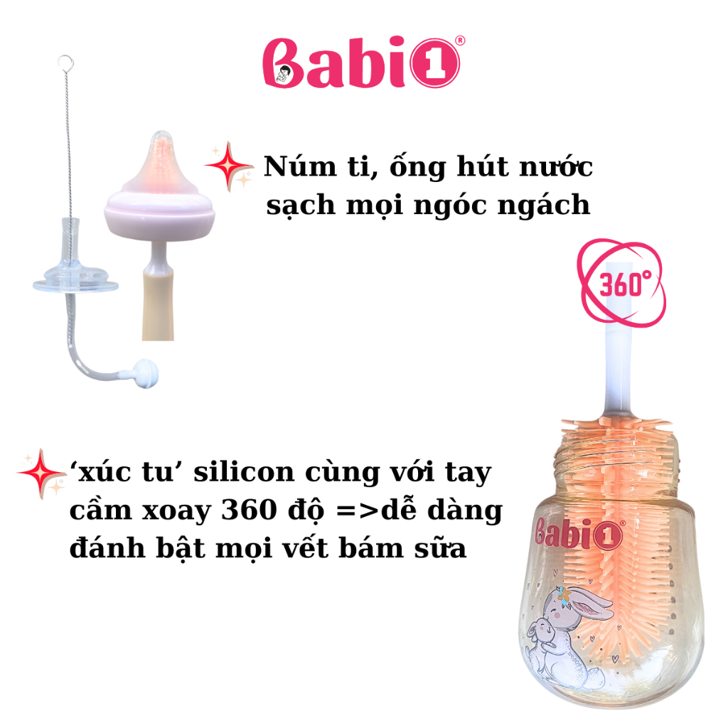 Cọ Rửa Bình Sữa BABIONE Bộ Cọ Bình Sữa 3 Chi Tiết Cọ Rửa Silicon Tay Cầm Xoay 360 Độ