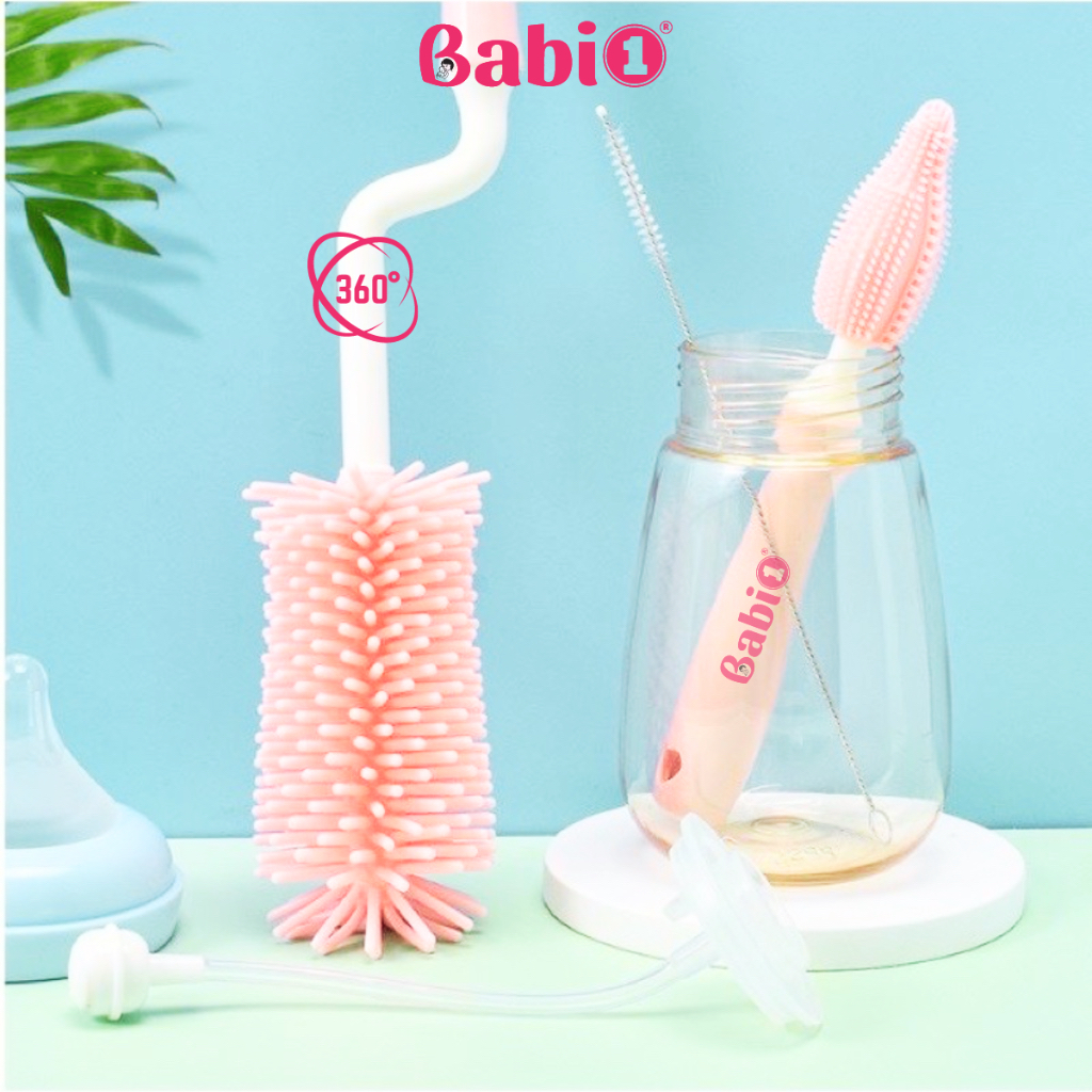 Cọ Rửa Bình Sữa BABIONE Bộ Cọ Bình Sữa 3 Chi Tiết Cọ Rửa Silicon Tay Cầm Xoay 360 Độ
