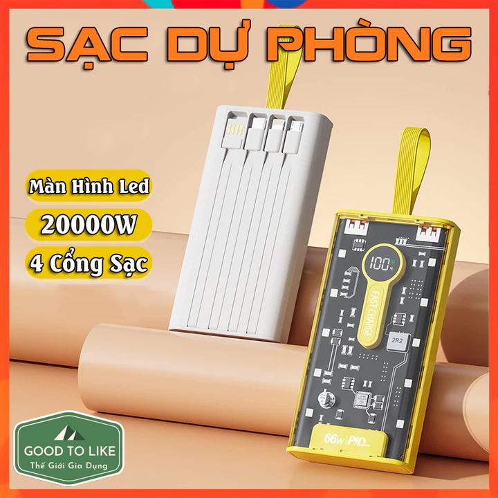 Sạc Dự Phòng 10000mah/20000mah Sạc Nhanh 66W,Màn Hình Led Hiển Thị,2 Cổng Sạc.Pin Sạc Dự Phòng Thiết Kế Trong Suốt