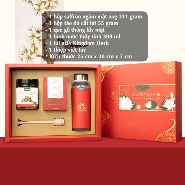 Hộp quà tặng, set quà saffron ngâm mật ong và táo đỏ/kỷ tử Kingdom Herb chính hãng sức khỏe cao cấp
