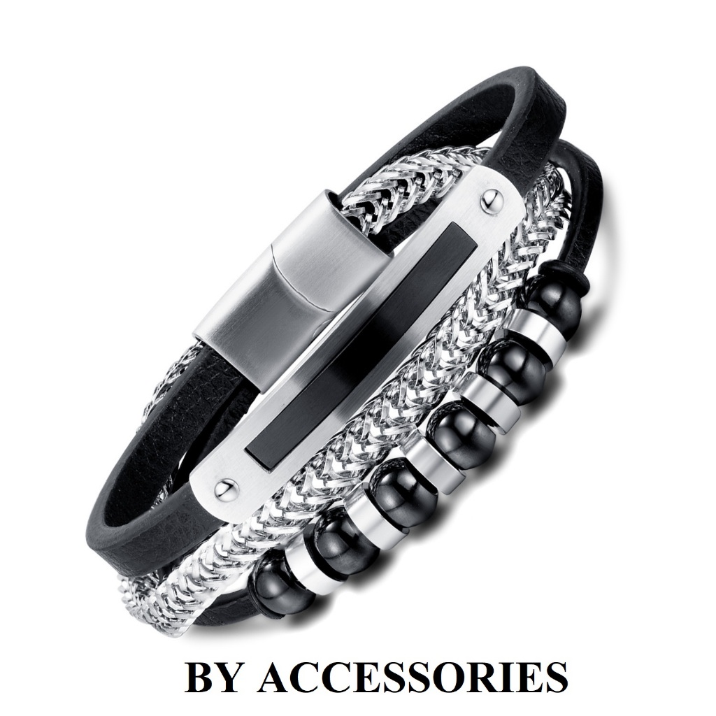 Vòng tay lắc tay nam dây da phối xích titan không gỉ kiểu 3 dây cá tính MB25 BY ACCESSORIES