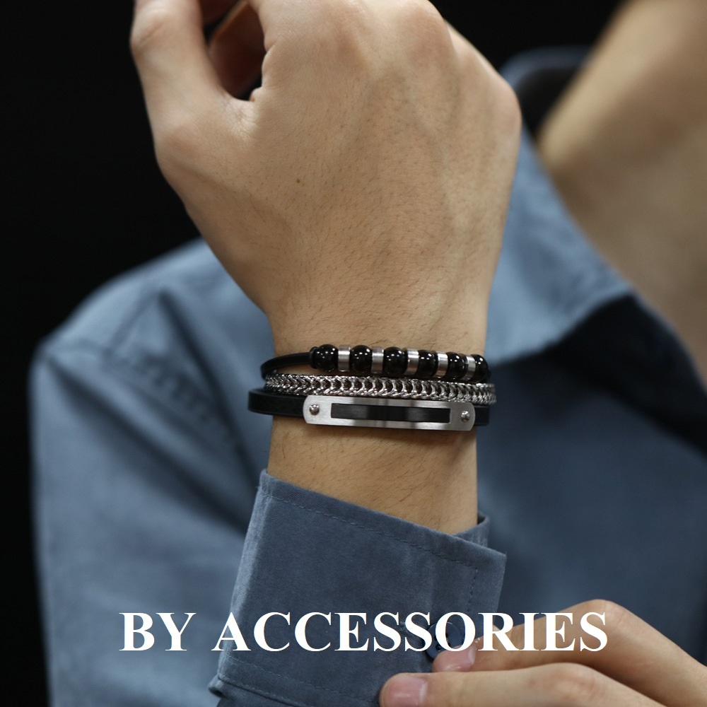 Vòng tay lắc tay nam dây da phối xích titan không gỉ kiểu 3 dây cá tính MB25 BY ACCESSORIES