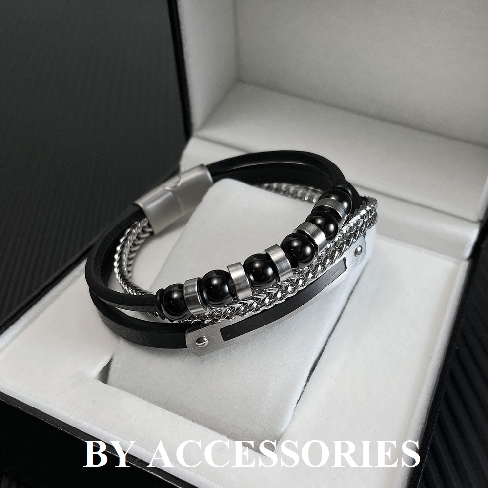 Vòng tay lắc tay nam dây da phối xích titan không gỉ kiểu 3 dây cá tính MB25 BY ACCESSORIES