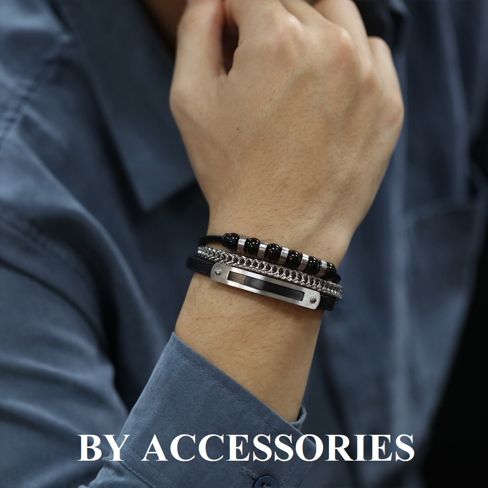 Vòng tay lắc tay nam dây da phối xích titan không gỉ kiểu 3 dây cá tính MB25 BY ACCESSORIES