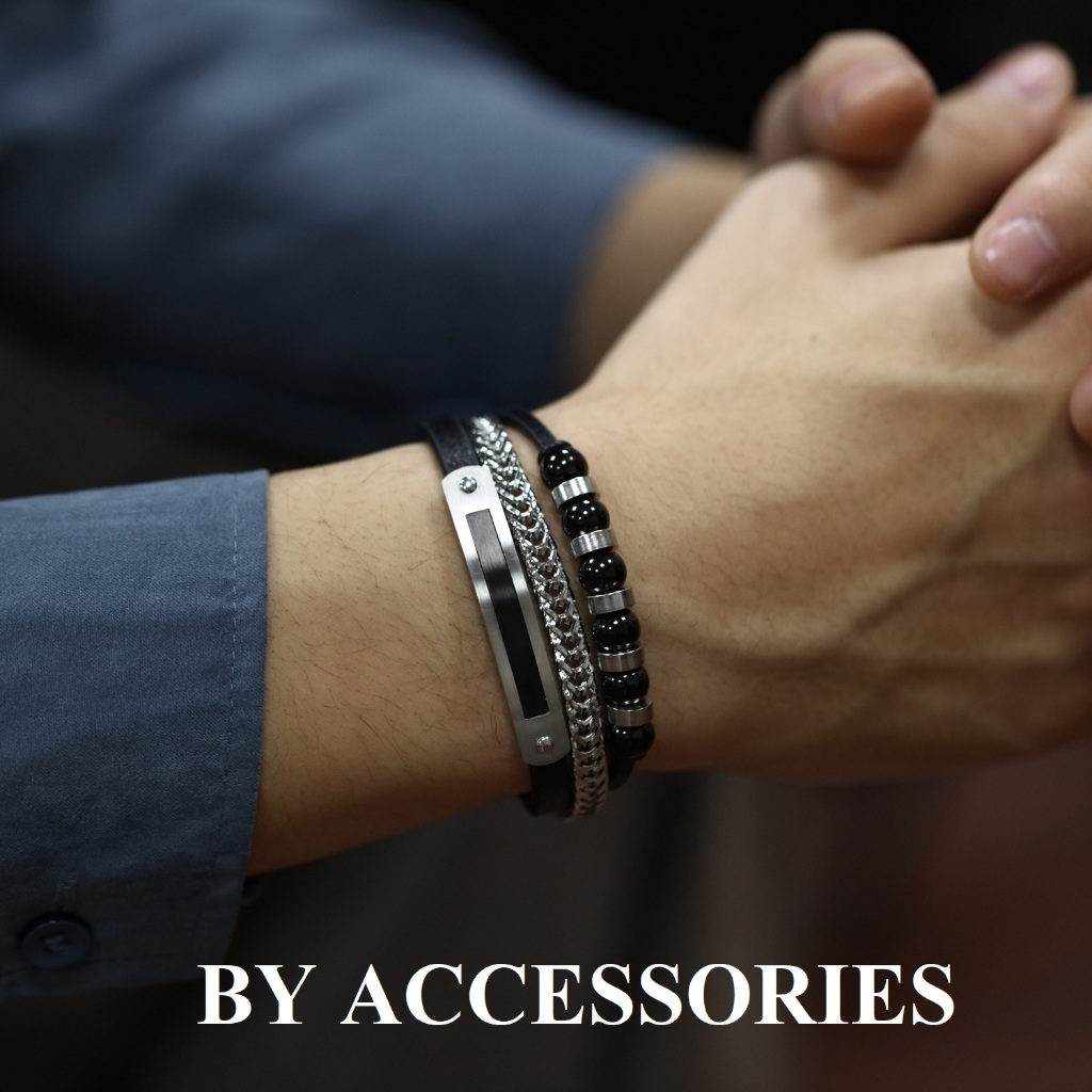 Vòng tay lắc tay nam dây da phối xích titan không gỉ kiểu 3 dây cá tính MB25 BY ACCESSORIES