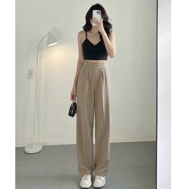 Quần tây ống rộng nữ cạp lưng cao dáng dài chất vải màu đen dày dặn Quần tây nữ lưng cao đi học ống suông rộng đứng đẹp