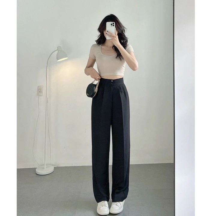 Quần tây ống rộng nữ cạp lưng cao dáng dài chất vải màu đen dày dặn Quần tây nữ lưng cao đi học ống suông rộng đứng đẹp