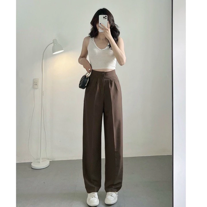 Quần tây ống rộng nữ cạp lưng cao dáng dài chất vải màu đen dày dặn Quần tây nữ lưng cao đi học ống suông rộng đứng đẹp