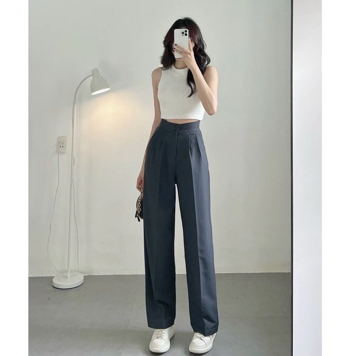 Quần tây ống rộng nữ cạp lưng cao dáng dài chất vải màu đen dày dặn Quần tây nữ lưng cao đi học ống suông rộng đứng đẹp
