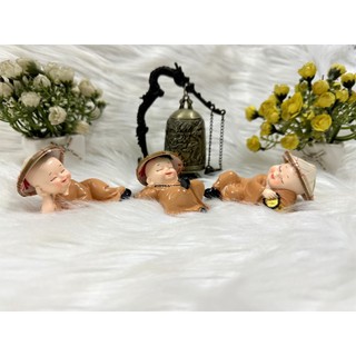 Bộ 3 Tượng Chú Tiểu Nằm đội nón lá Hoan Hỉ Tài Lộc -Hàng Độc Quyền