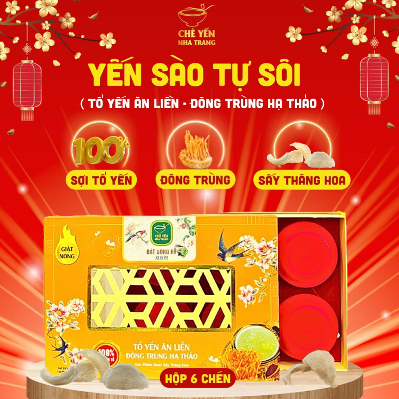 YẾN SÀO TỰ SÔI ĐÔNG TRÙNG HẠ THẢO YẾN SÀO CAO CẤP 100% SỢI YẾN TỔ HỘP 6 CHÉN 140ML/Chén