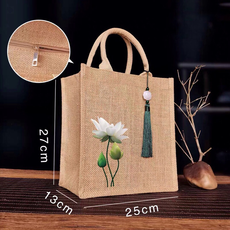Túi cói hoạ tiết sen xanh nhỏ xinh 🎋