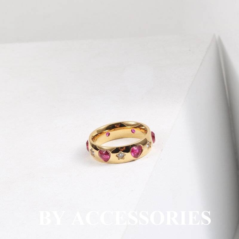 Nhẫn nữ titan khảm đá đỏ hình trái tim xen đá trắng hình ngôi sao mạ vàng 18K không gỉ WR2412 BY ACCESSORIES
