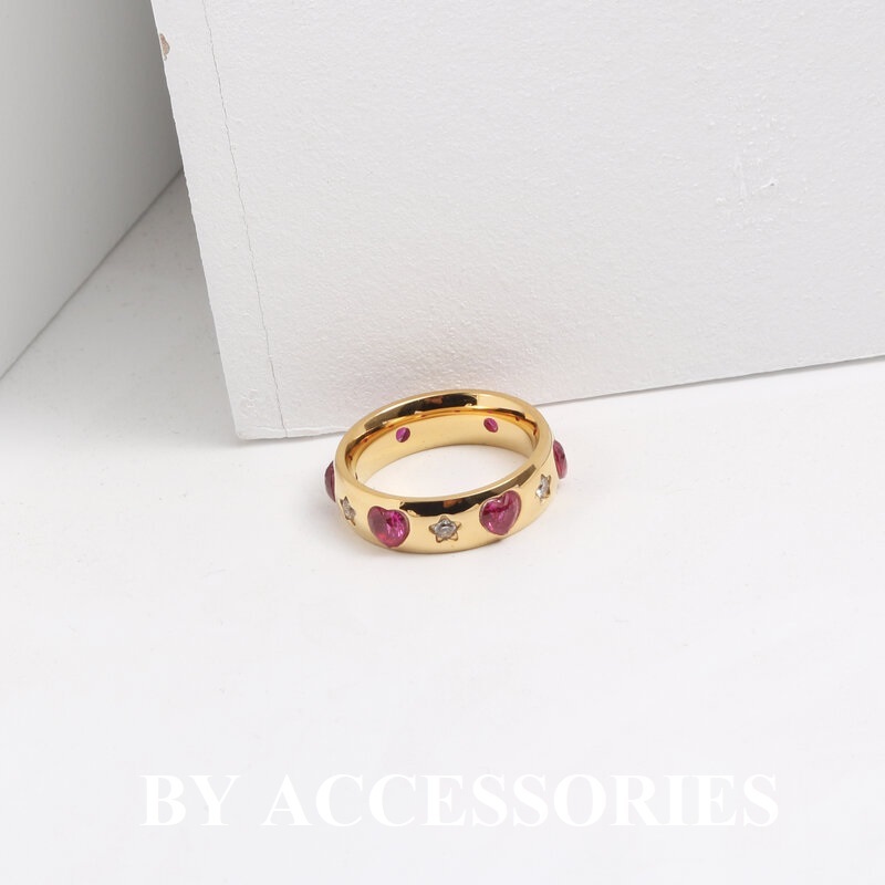 Nhẫn nữ titan khảm đá đỏ hình trái tim xen đá trắng hình ngôi sao mạ vàng 18K không gỉ WR2412 BY ACCESSORIES
