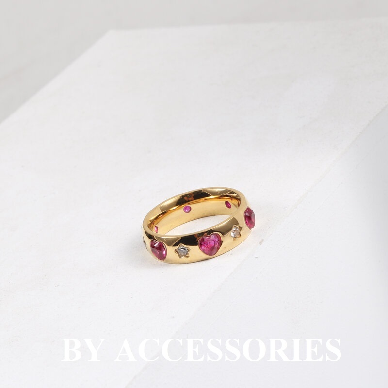 Nhẫn nữ titan khảm đá đỏ hình trái tim xen đá trắng hình ngôi sao mạ vàng 18K không gỉ WR2412 BY ACCESSORIES
