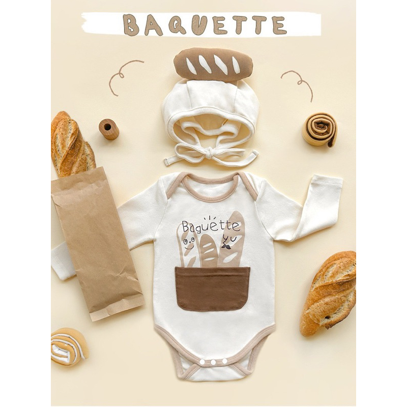 [MD82] Body dài tay kèm mũ hoạ tiết bánh mỳ xinh yêu cho bé