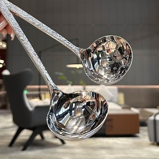 Muôi inox vân cán dài [347], inox 316 đúc đặc dày đẹp, dùng trong nồi canh sâu lòng