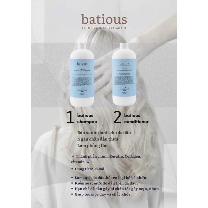 Cặp dầu gội xả Batious 500ml 960ml hạn 2028 - Phục Hồi Tóc Hư Tổn Đa Tầng Batious 3 màu IS470