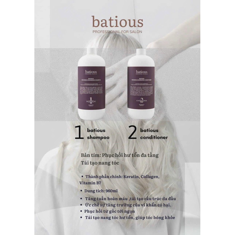 Cặp Dầu gội Dầu xả BATIOUS Extra Volume hydrating repair nourising hạn 2028 Phục Hồi Tóc Hư Tổn đa tầng IS446