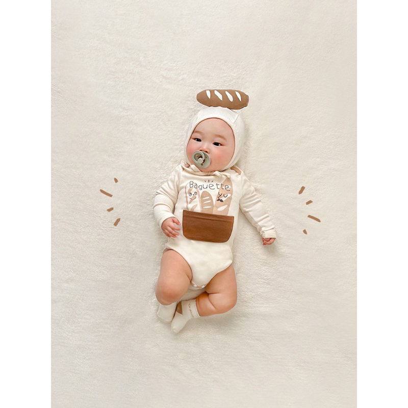 [MD82] Body dài tay kèm mũ hoạ tiết bánh mỳ xinh yêu cho bé