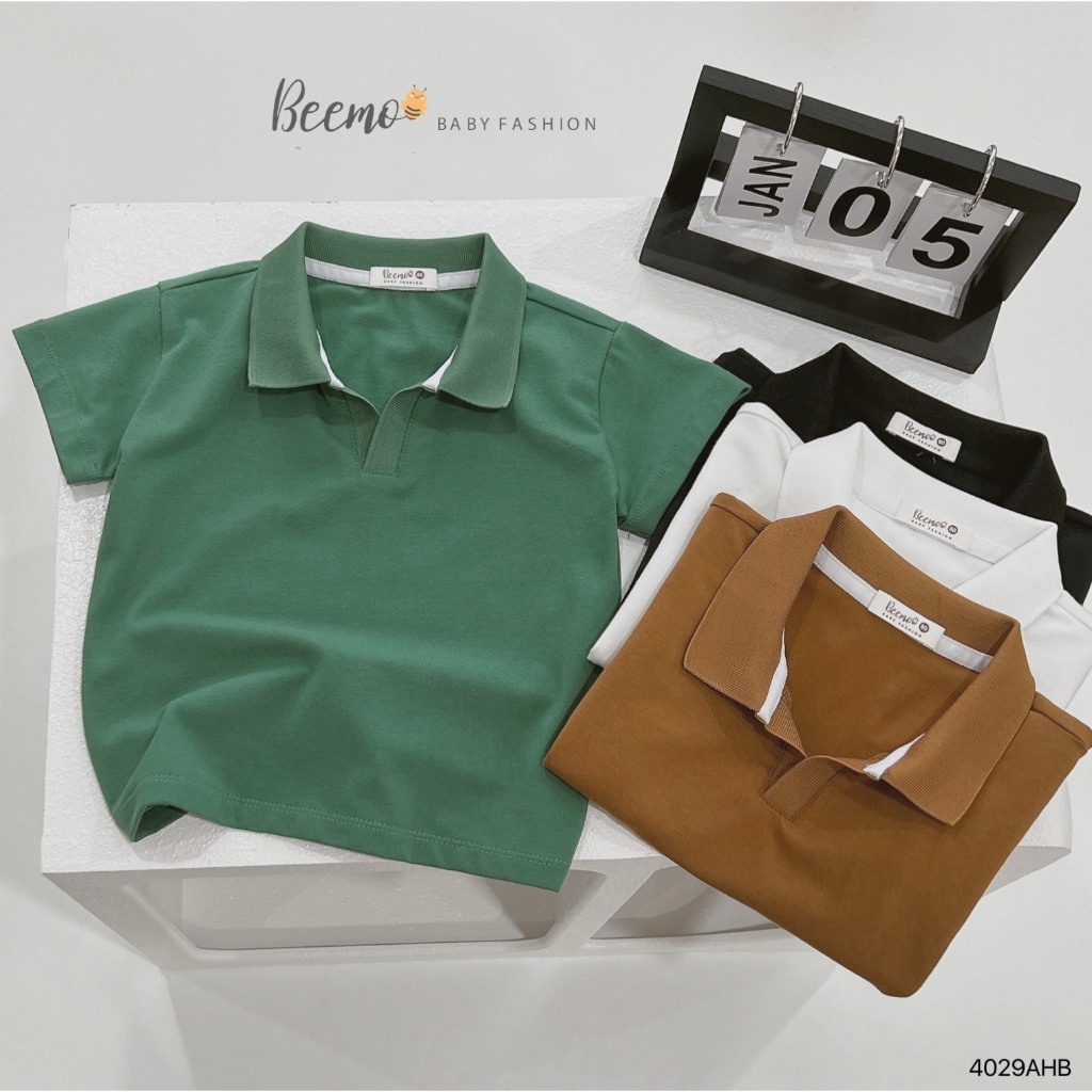 Áo cotton polo cổ V cá tính cho bé, áo thun cộc tay trơn màu basic bé trai