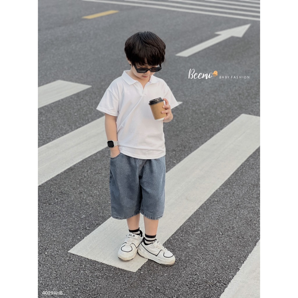 Áo cotton polo cổ V cá tính cho bé, áo thun cộc tay trơn màu basic bé trai