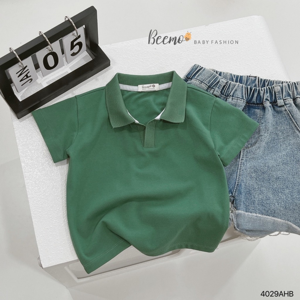 Áo cotton polo cổ V cá tính cho bé, áo thun cộc tay trơn màu basic bé trai