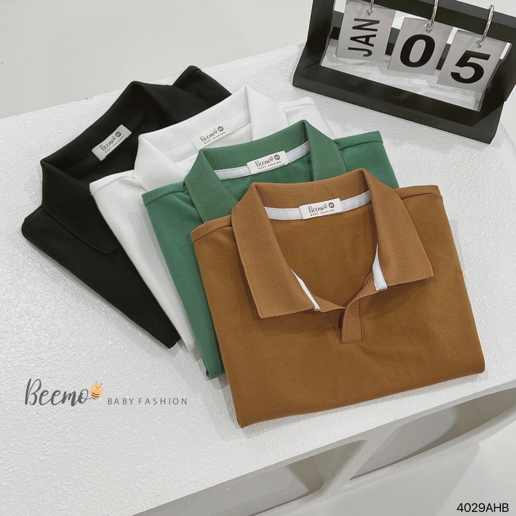Áo cotton polo cổ V cá tính cho bé, áo thun cộc tay trơn màu basic bé trai