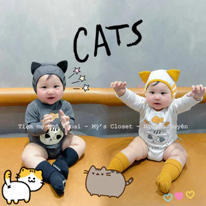 Bodysuit/ áo liền quần kèm mũ hoạ tiết mèo xinh trắng/ xám cho bé yêu NGÔ KHOAI MỲ