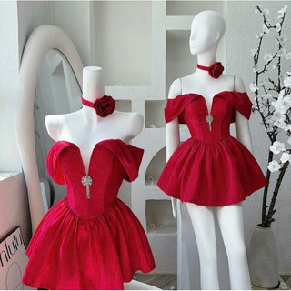 váy thiết kế - đầm tacka xoè trễ vai kèm hoa cổ