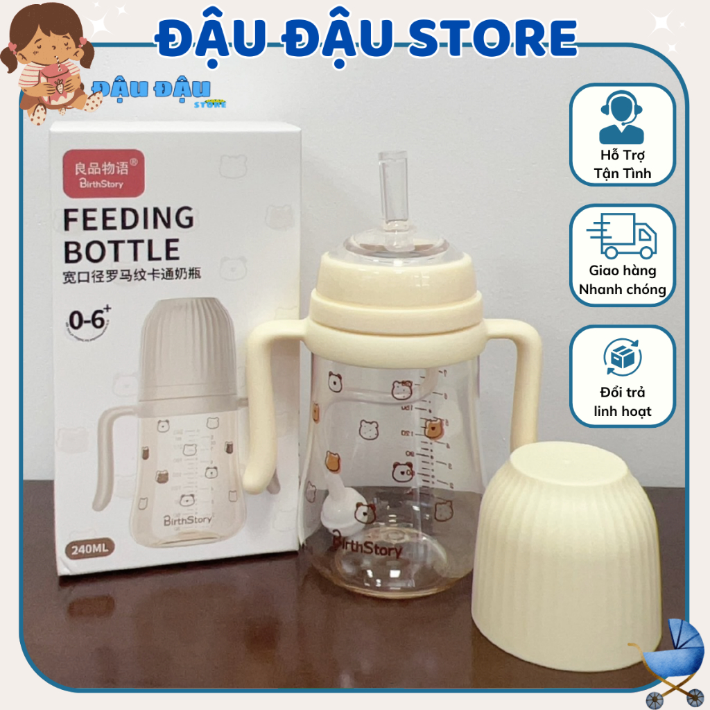 Ống hút quả tạ, Bình tập hút mẫu mới cho bé - Bình ti họa tiết ngộ nghĩnh cho bé Birth Story Đậu Đậu Store