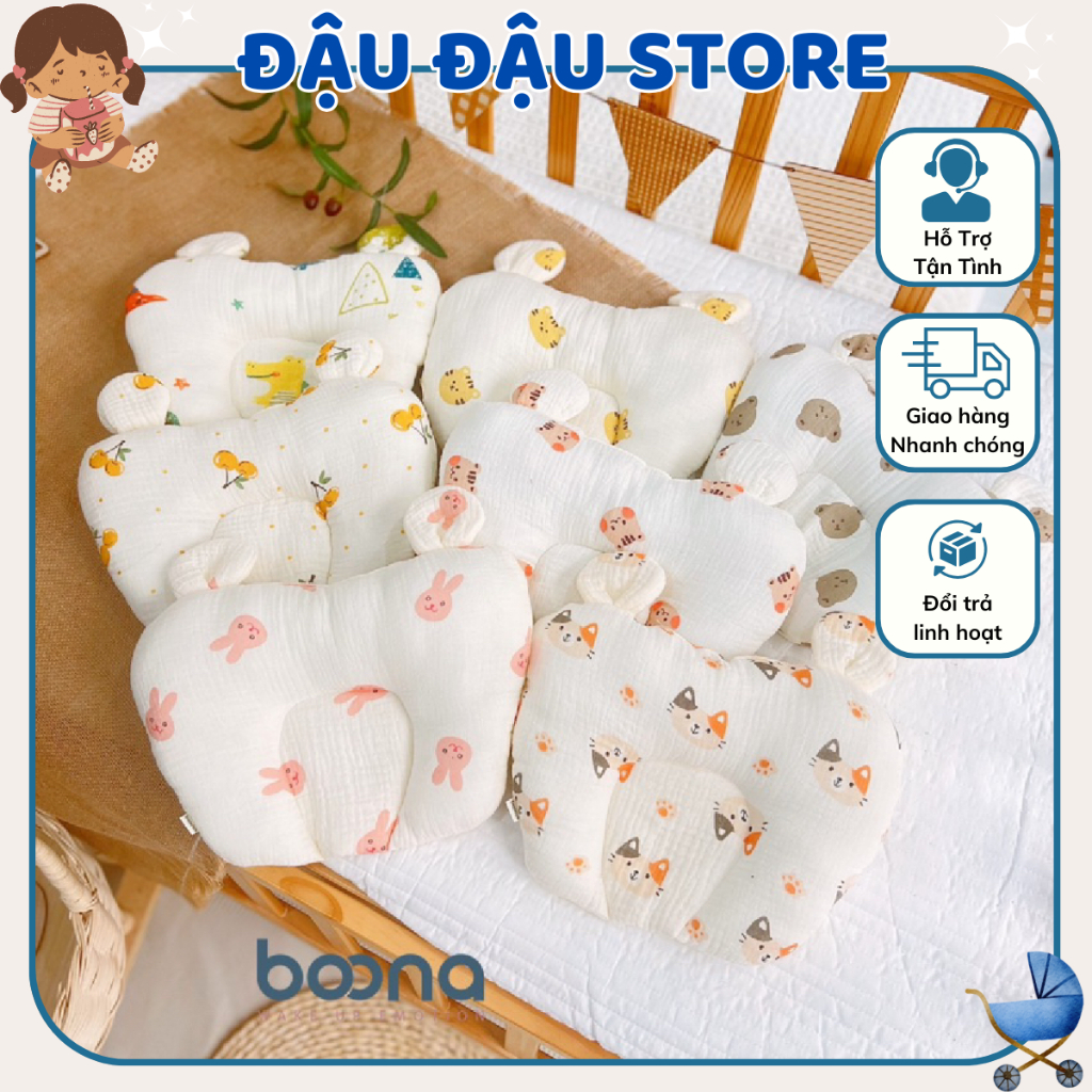 Gối xô sơ sinh cho bé Boona hình tim tai gấu vải Muslin cao cấp chống méo đầu, êm ái, thoải mái cho bé nằm Đậu Đậu Store