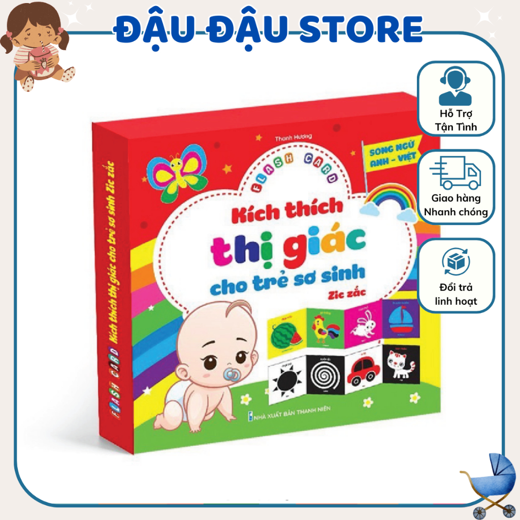 Bộ thẻ Flash card kích thích thị giác cho trẻ sơ sinh zic zắc - Song ngữ Anh Việt - 40 thẻ Cho Bé Đồ Chơi Đậu Đậu Store