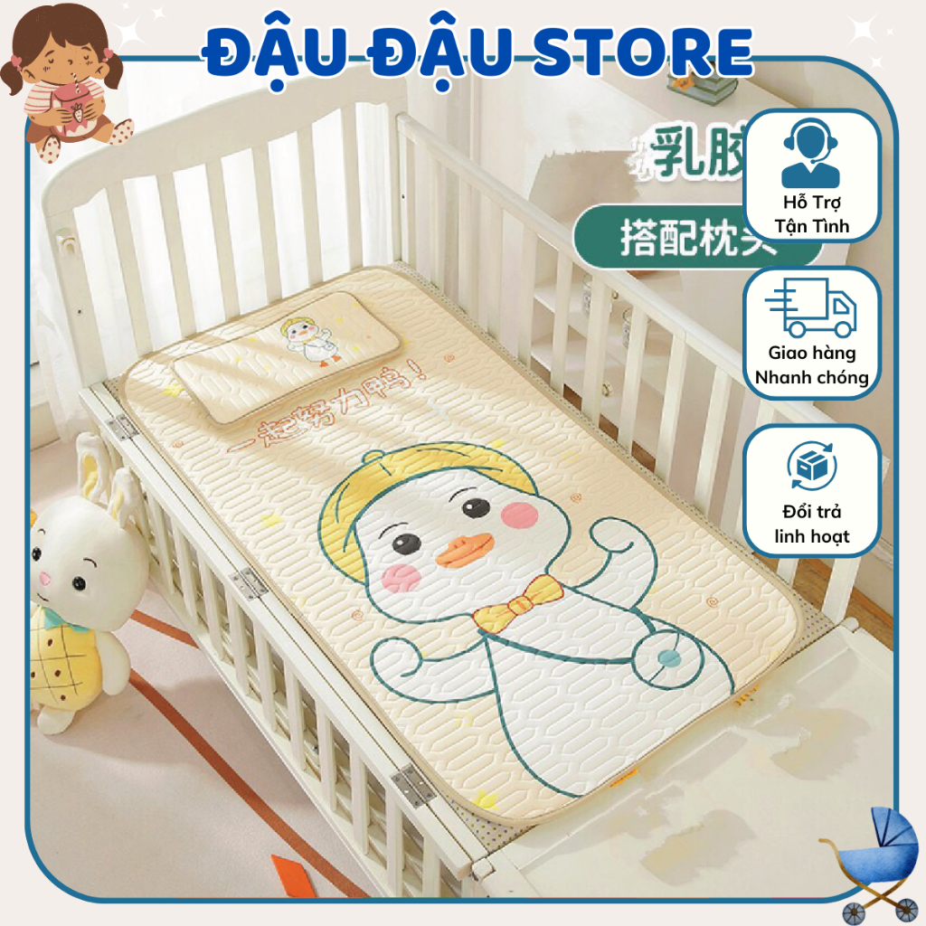Chiếu Điều Hòa Cao Su Non + Gối Đi Kèm In Hình 5D Cho Bé (120 cm x 60 cm) Đậu Đậu Store