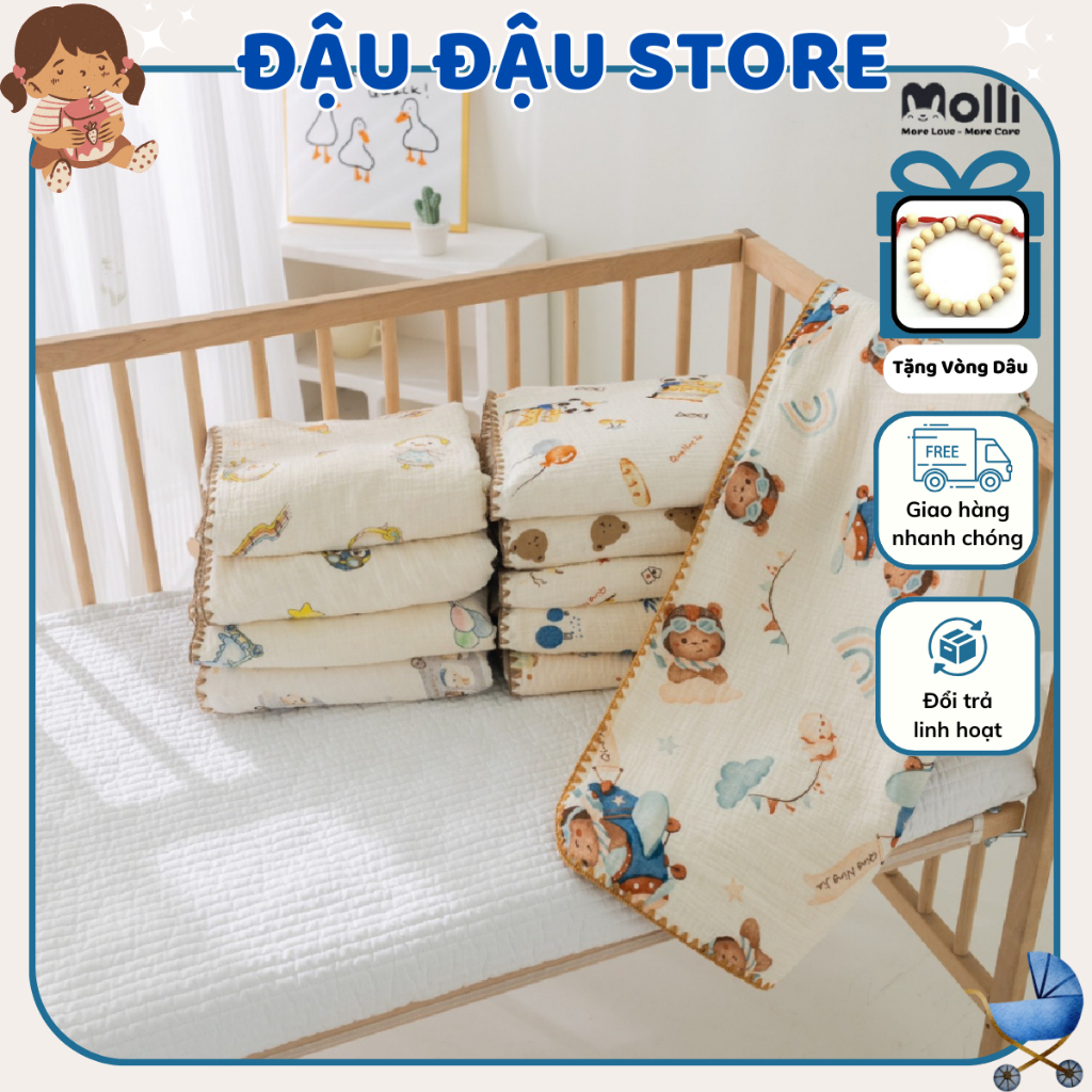 Chăn Xô Muslin Hạt Đậu Molli phong cách Hàn Quốc Cho Bé  In Họa Tiết 3D - 100x110cm Đậu Đạu Store
