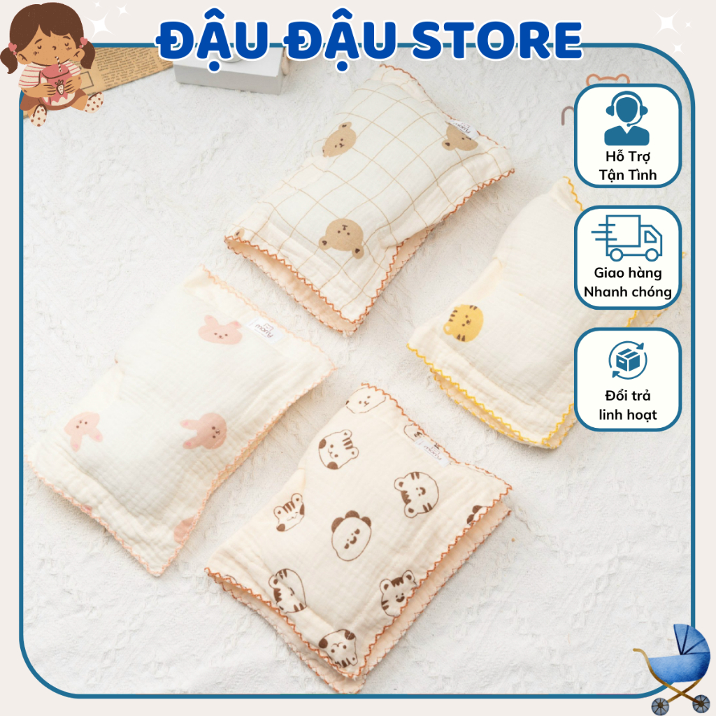 Gối Xô Lõm Sơ Sinh Morry Chống Lõm Đầu Có Túi Zip - Chất Vải Xô Muslin Mềm Mại, Thấm Hút Mồ Hôi Cho Bé Đậu Đậu Store