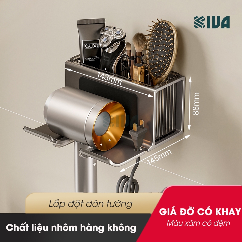 Kệ phòng tắm KIVA để đồ dán tường màu xám, khoan tường chất liệu nhôm hàng không, bộ sưu tập kệ nhà tắm 2024.