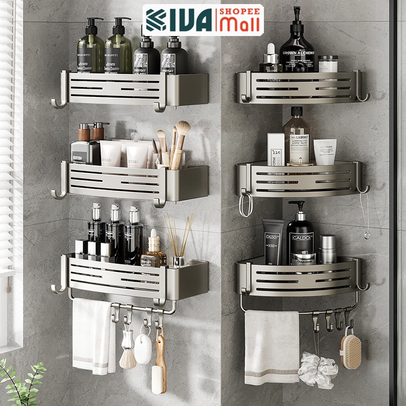 Kệ phòng tắm KIVA để đồ dán tường màu xám, khoan tường chất liệu nhôm hàng không, bộ sưu tập kệ nhà tắm 2024.