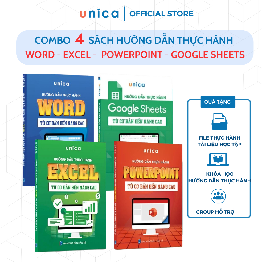 Combo 4 Sách Word - Excel - Powerpoint - Google Sheets Unica từ cơ bản ...