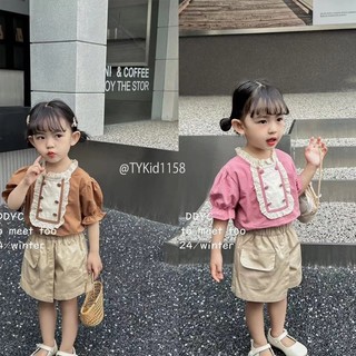 Quần áo trẻ em, Quần áo hè bé gái phong cách Hàn, áo cổ ren 2 màu và quần giả váy cho bé 9-20kg S1158 | Tiểu Yến KID