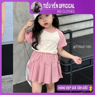 Quần áo trẻ em, Quần áo hè bé gái, áo thun mèo hồng trắng và chân váy xếp ly hồng cho bé 9-20kg S1160 | Tiểu Yến KID