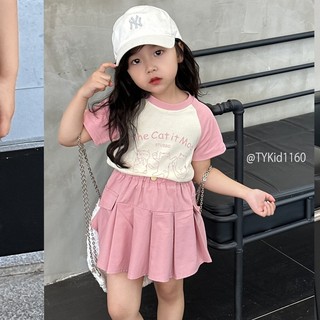 Quần áo trẻ em, Quần áo hè bé gái, áo thun mèo hồng trắng và chân váy xếp ly hồng cho bé 9-20kg S1160 | Tiểu Yến KID