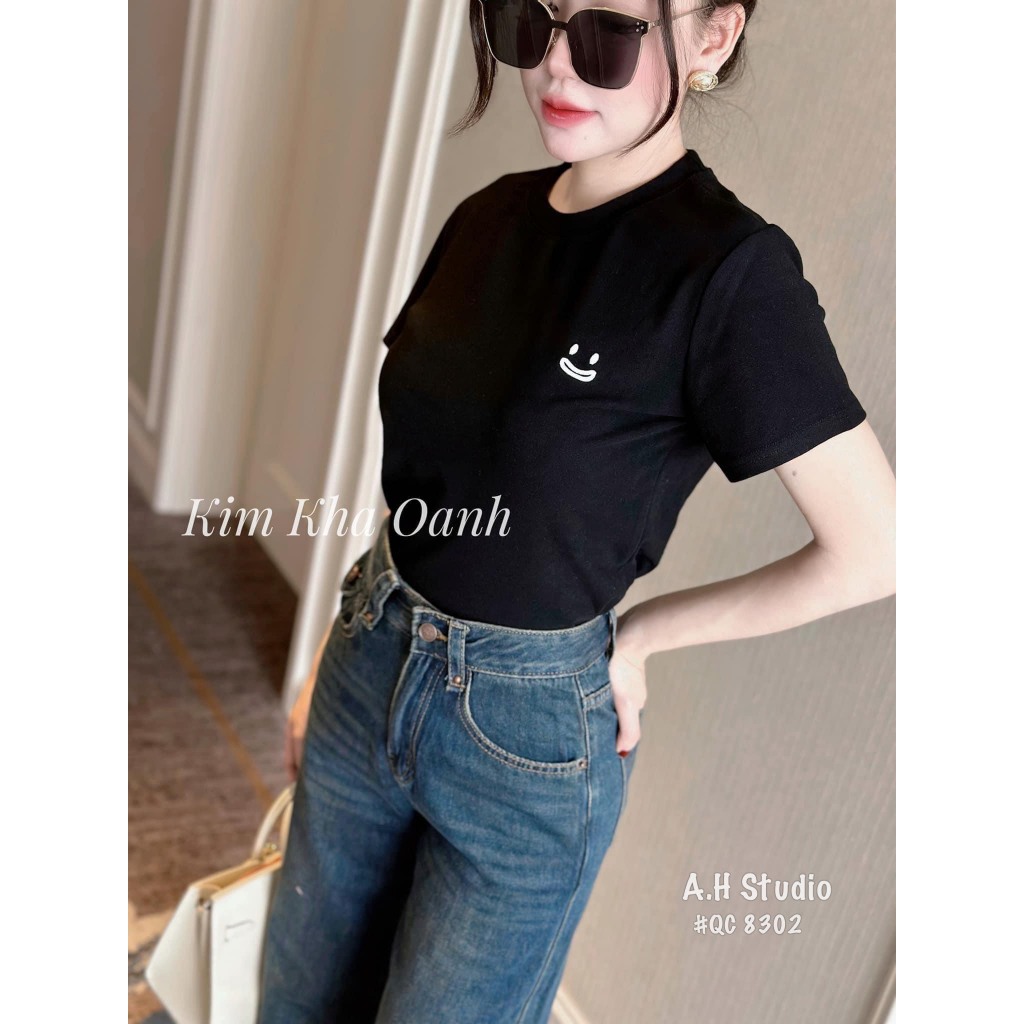 Áo thun mặt lông thêu hình mặt cười form vừa