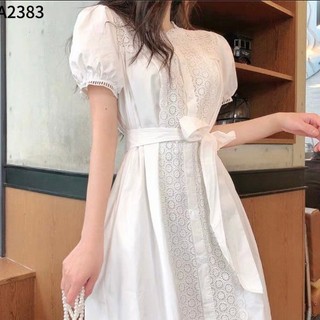 Đầm midi thô ren 1 màu trắng phối belt siêu xinh A2383