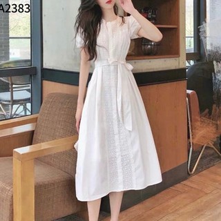 Đầm midi thô ren 1 màu trắng phối belt siêu xinh A2383