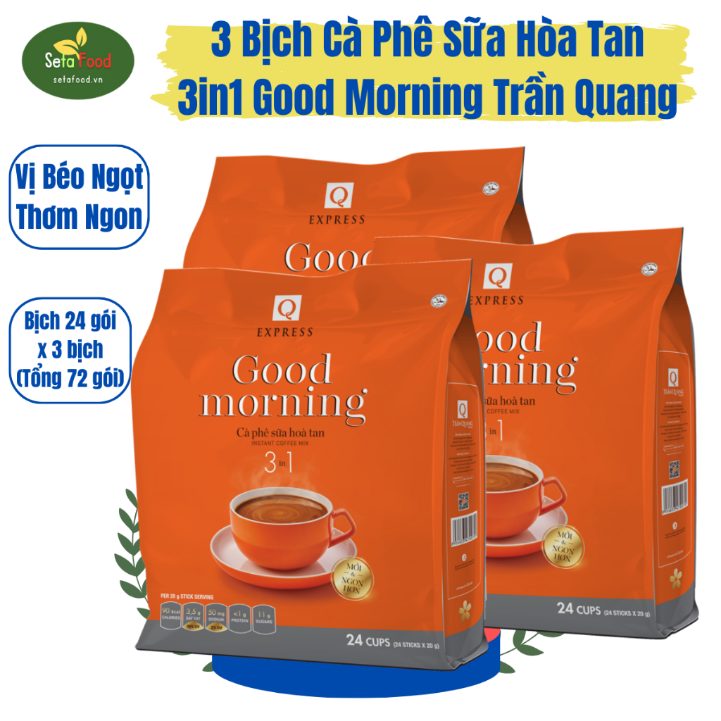 3 Bịch Cà Phê Sữa Hòa Tan 3in1 Good Morning Trần Quang 24 Gói Tổng 72